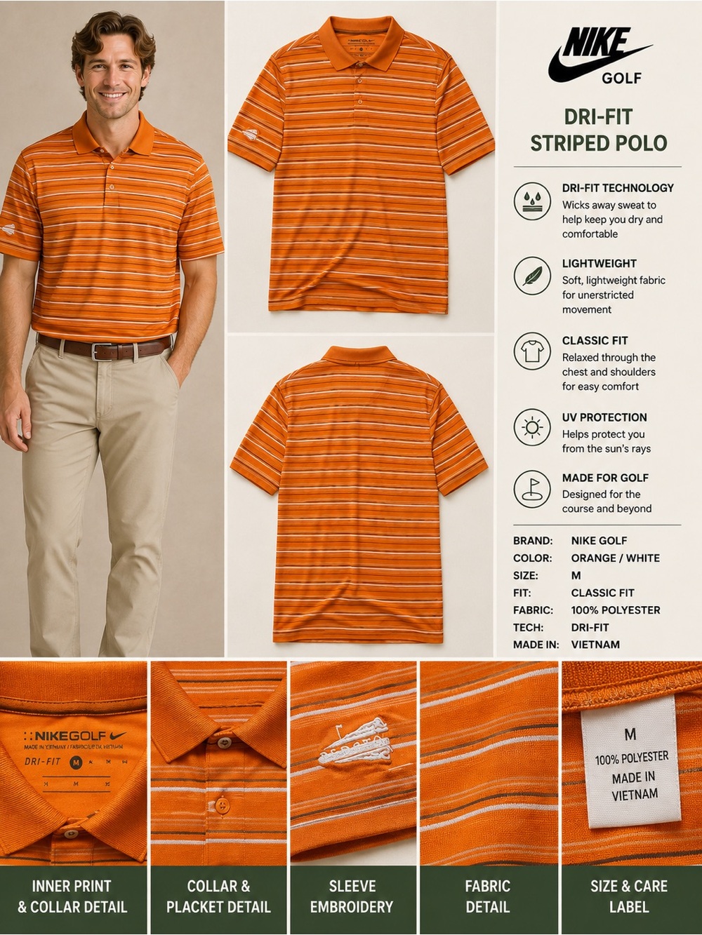Nike Golf Dri-FIT Orange Striped Polo Shirt Size XL